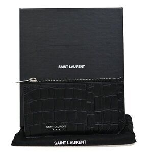 SAINT LAURENT Logo Compact Card Case Coin Wallet Embossing Leather Black